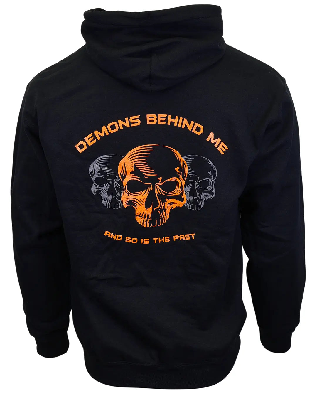 The "Blaze" black unisex hoodie back with orange and gray three-skull artwork