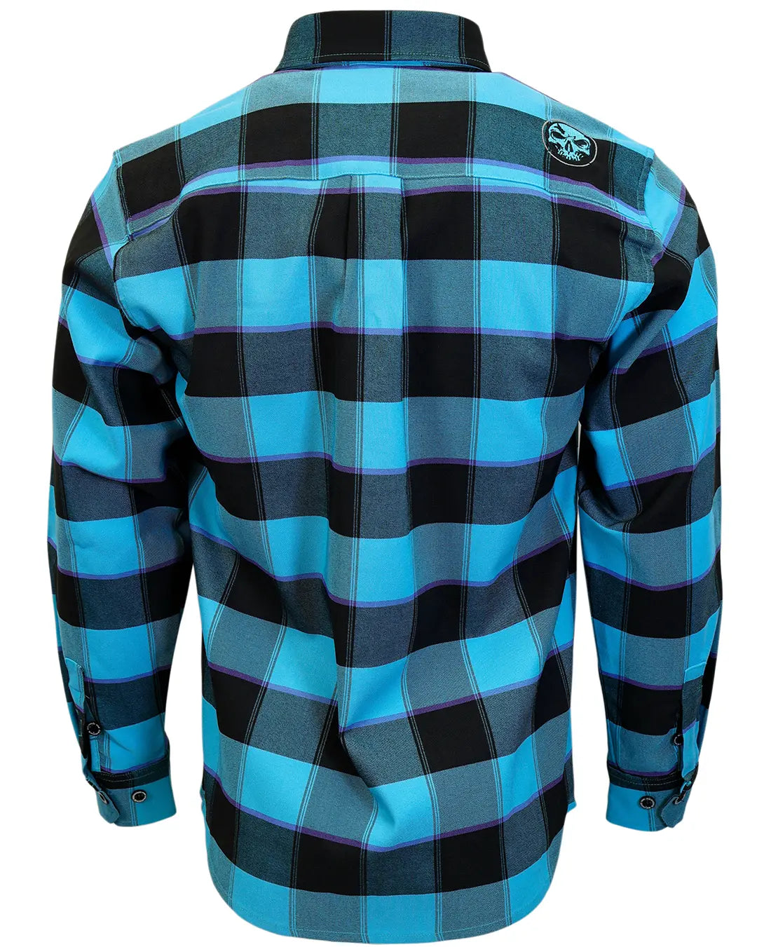 Back view of men’s “Survivor 2.0” teal, black and purple stretch flannel