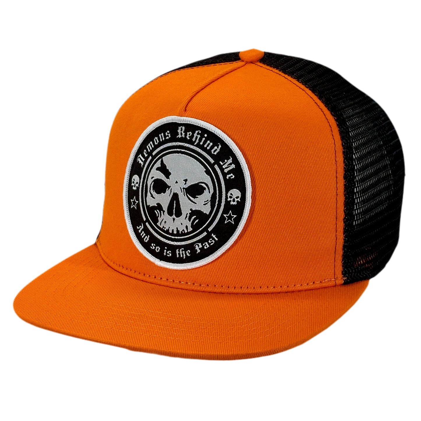 NEW! Orange & Black Classic Trucker Circle Skull Patch Hat