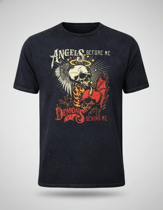 Person wearing a black t-shirt with a graphic design featuring skulls and text.