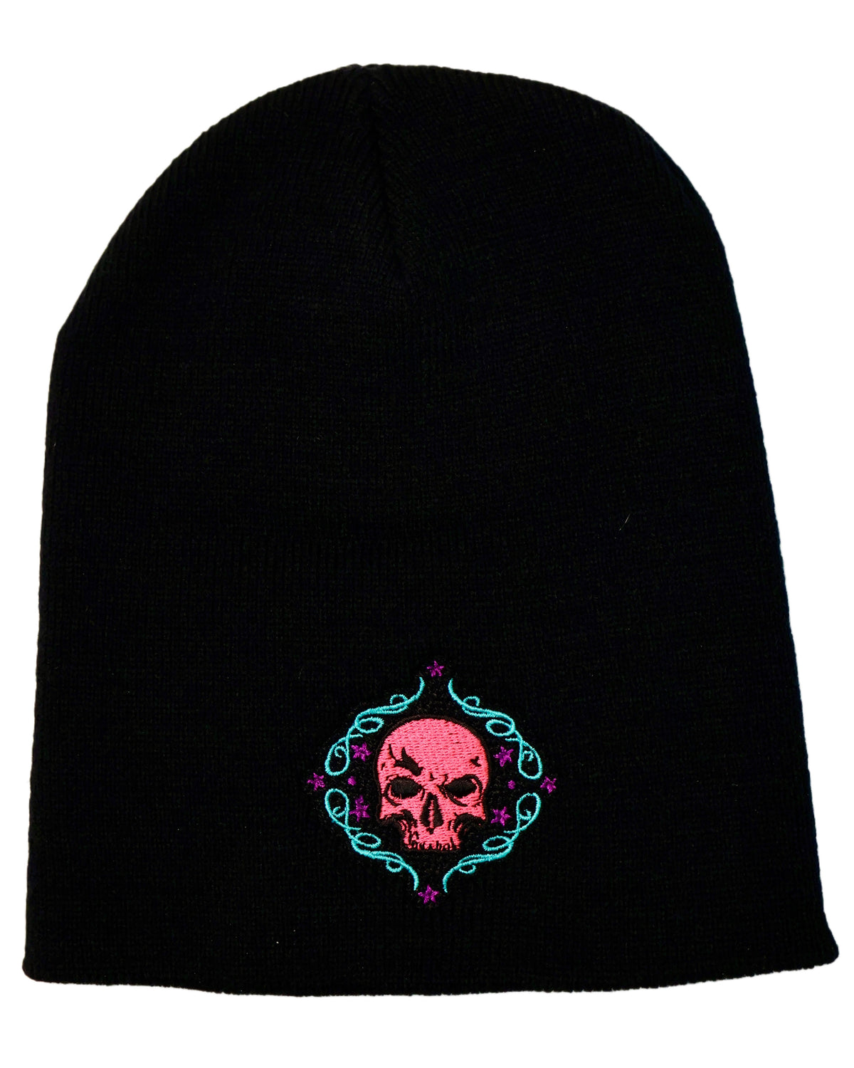 Black beanie with colorful embroidered skull design, shot against a white background.
