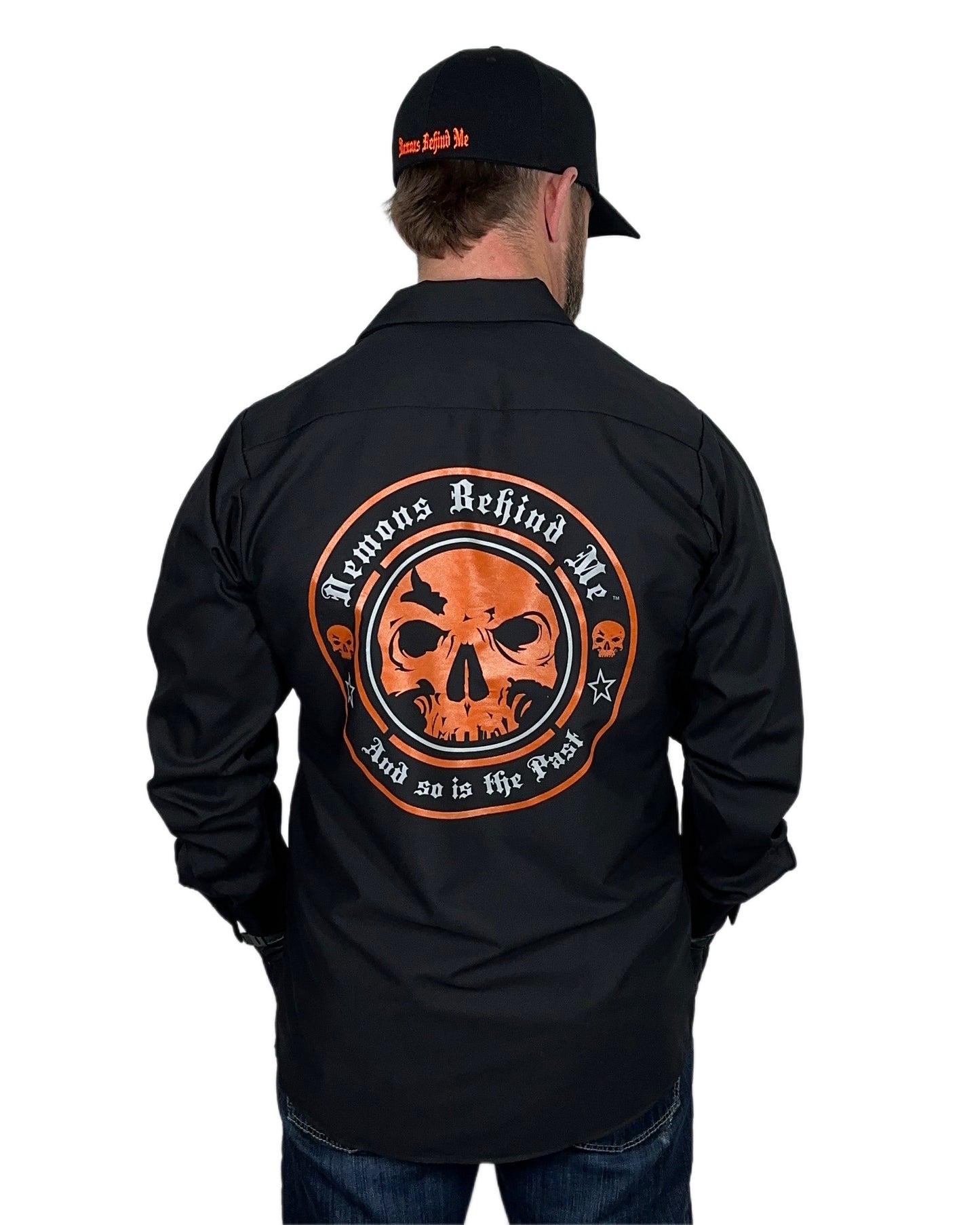 Men's Long Sleeve Black Embroidered Shop Shirt - Orange Logo