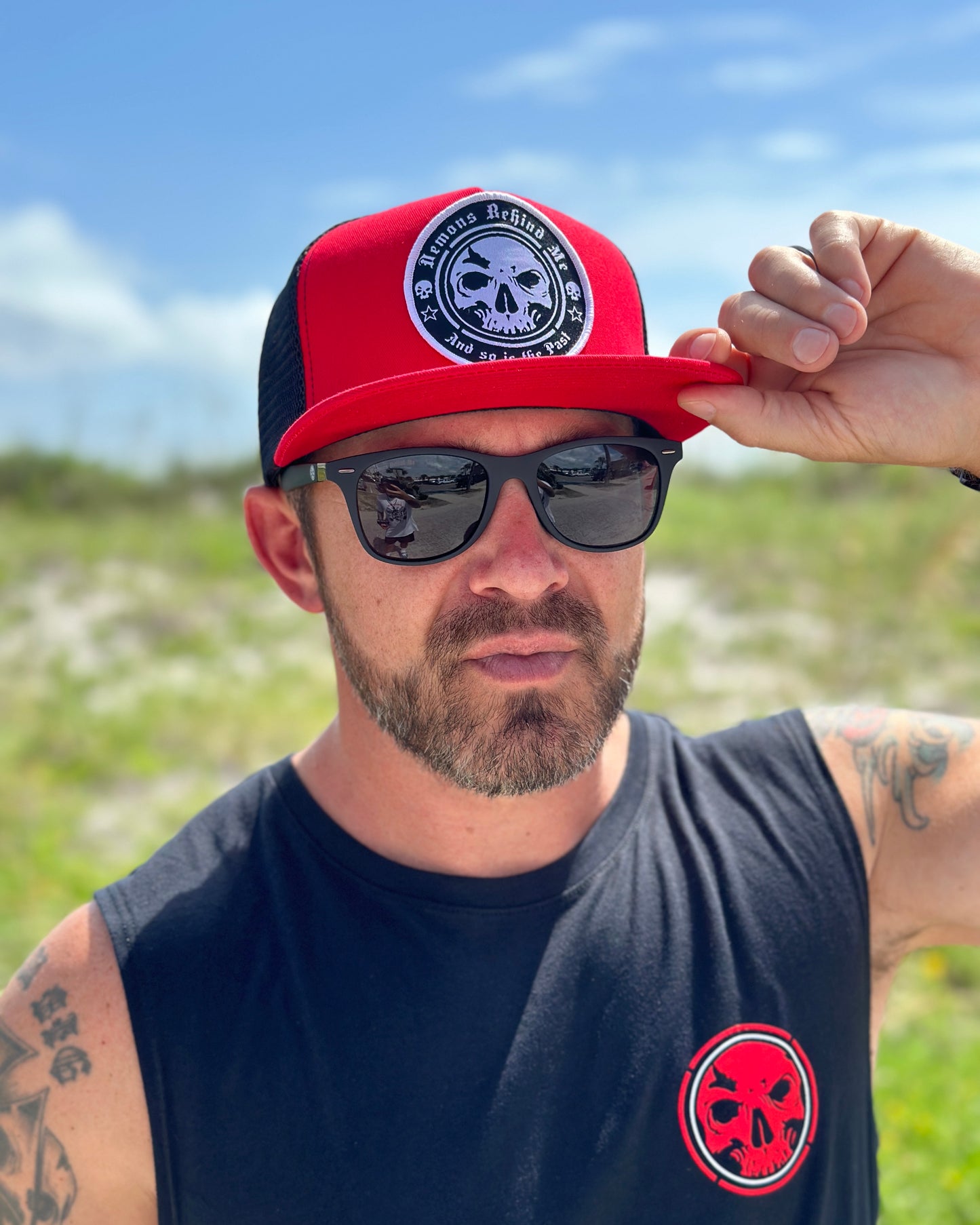 NEW! Red & Black Classic Trucker Circle Skull Patch Hat