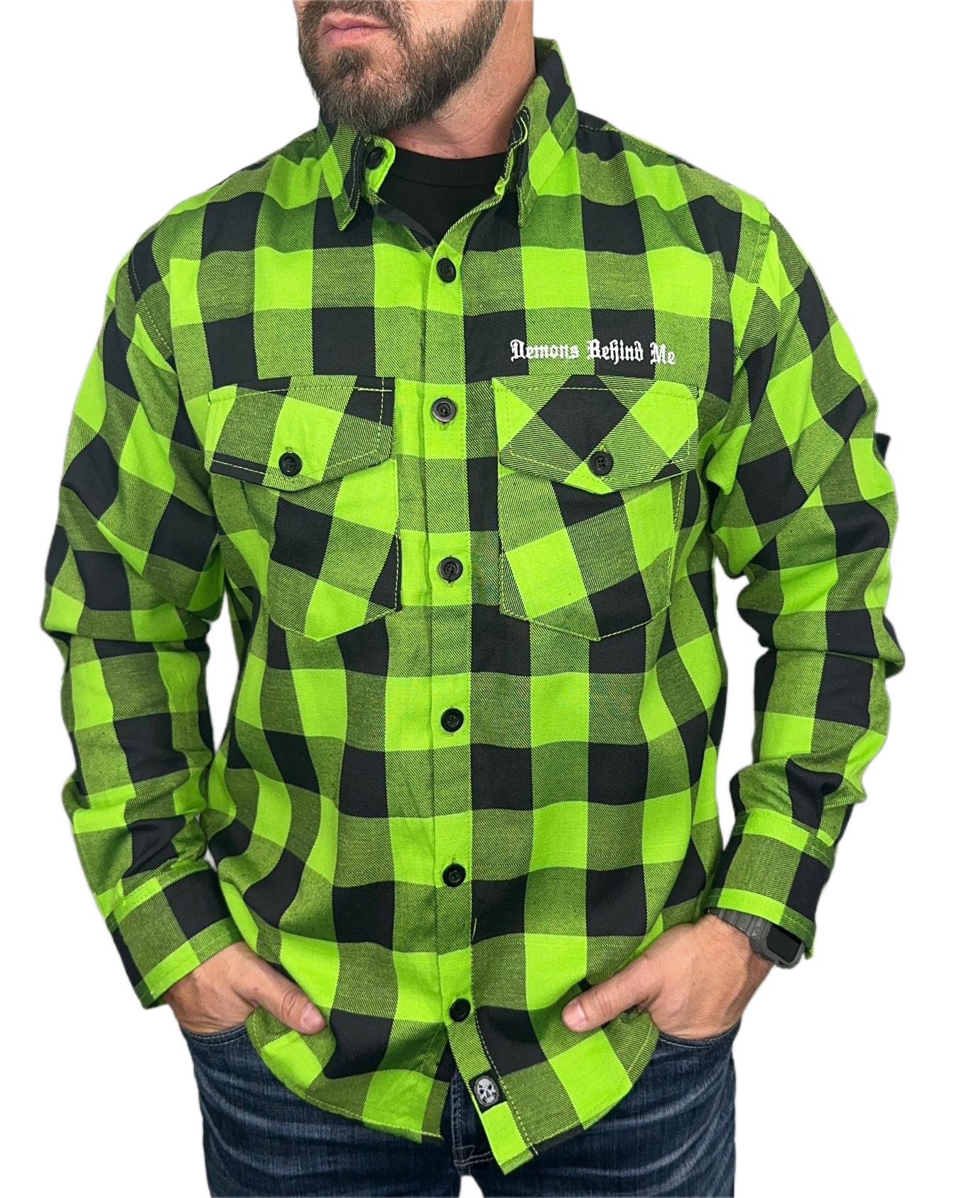 NEW! Re-decorated Green & Black Embroidered Flannel (Hidden Snap Collars)