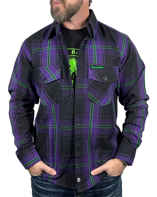 NEW!  Re-decorated Purple, Black & Green Embroidered Flannel (Hidden Snap Collars)