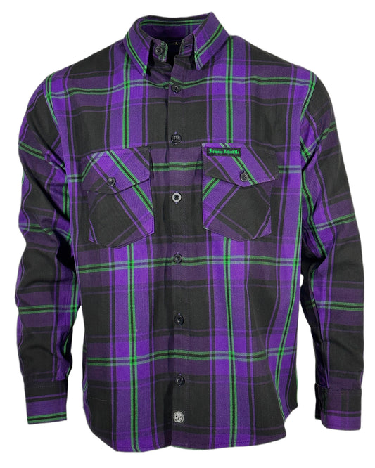 NEW!  Re-decorated Purple, Black & Green Embroidered Flannel (Hidden Snap Collars)