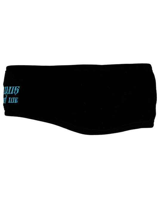 Side shot of black ear warmer headband with blue stitching, shot against a white background.