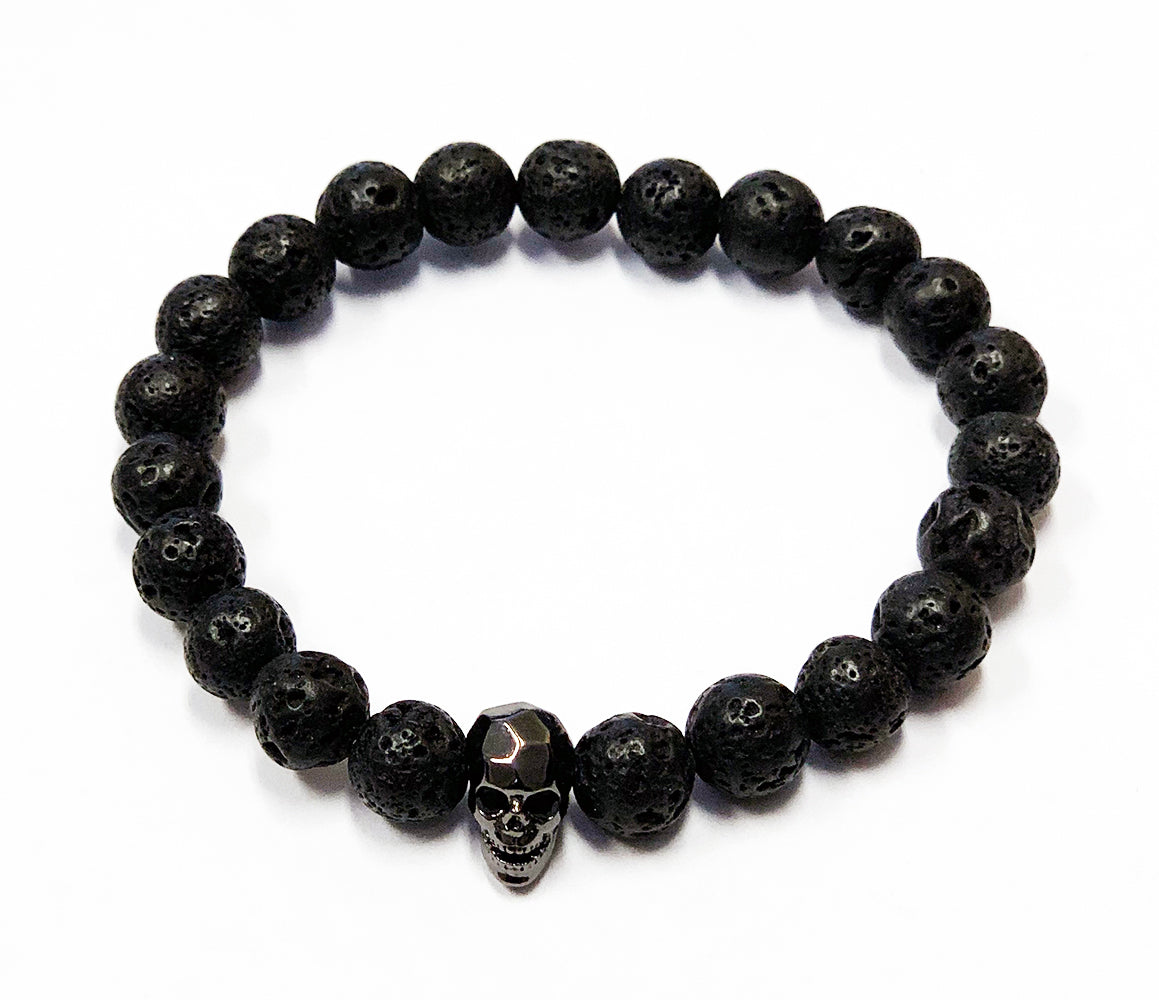 Black Skull - Lava Rock Beads Bracelet