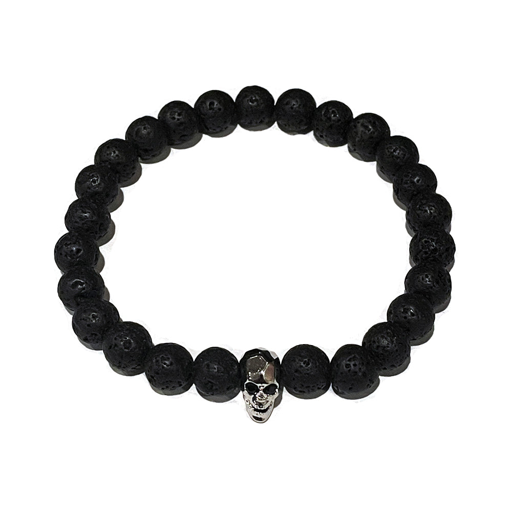Silver Skull - Lava Rock Beads Bracelet