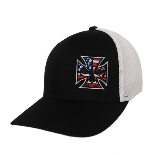 CLOSEOUT - Black & White Fitted Trucker Hat - Patriotic Maltese Cross