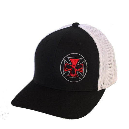 Black and White Fitted Trucker Hat Red Cross