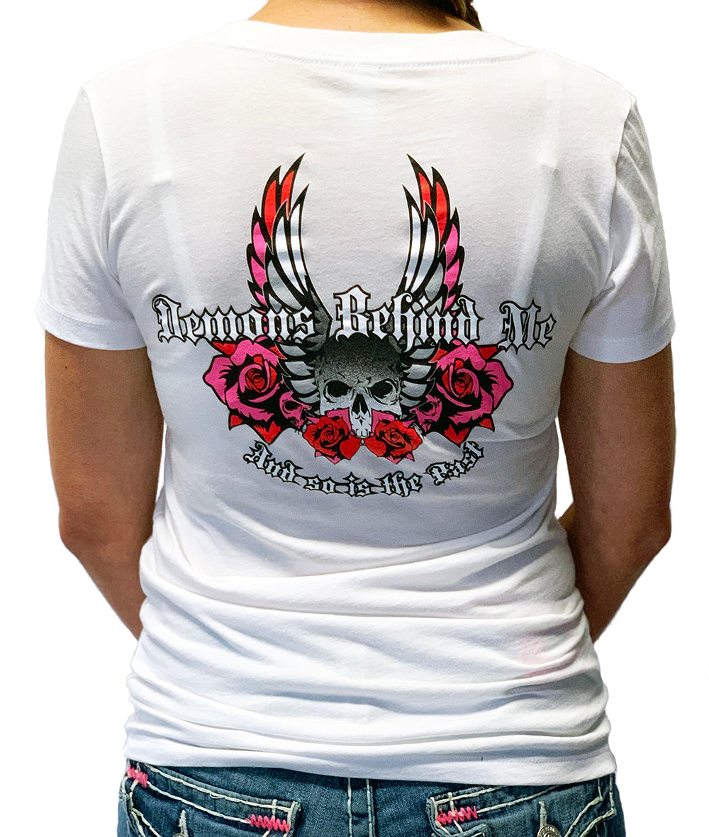 Women's Wings & Roses Deep V White T-Shirt