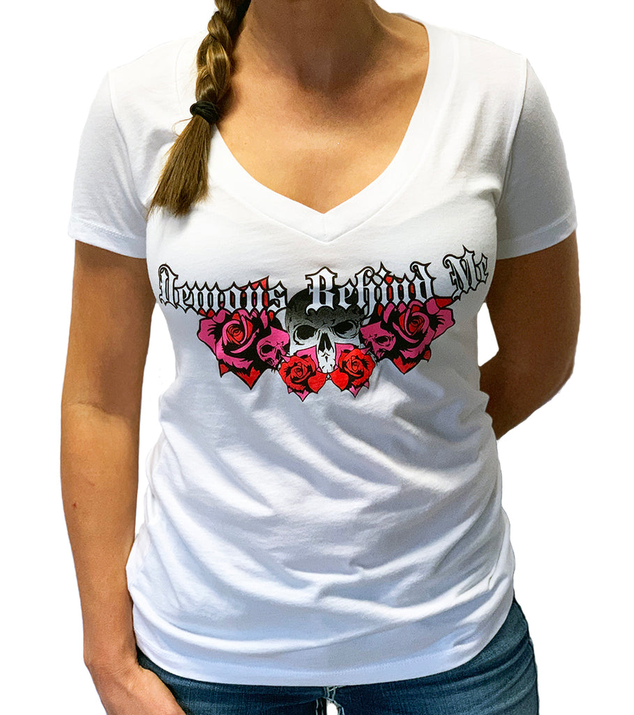Women's Wings & Roses Deep V White T-Shirt