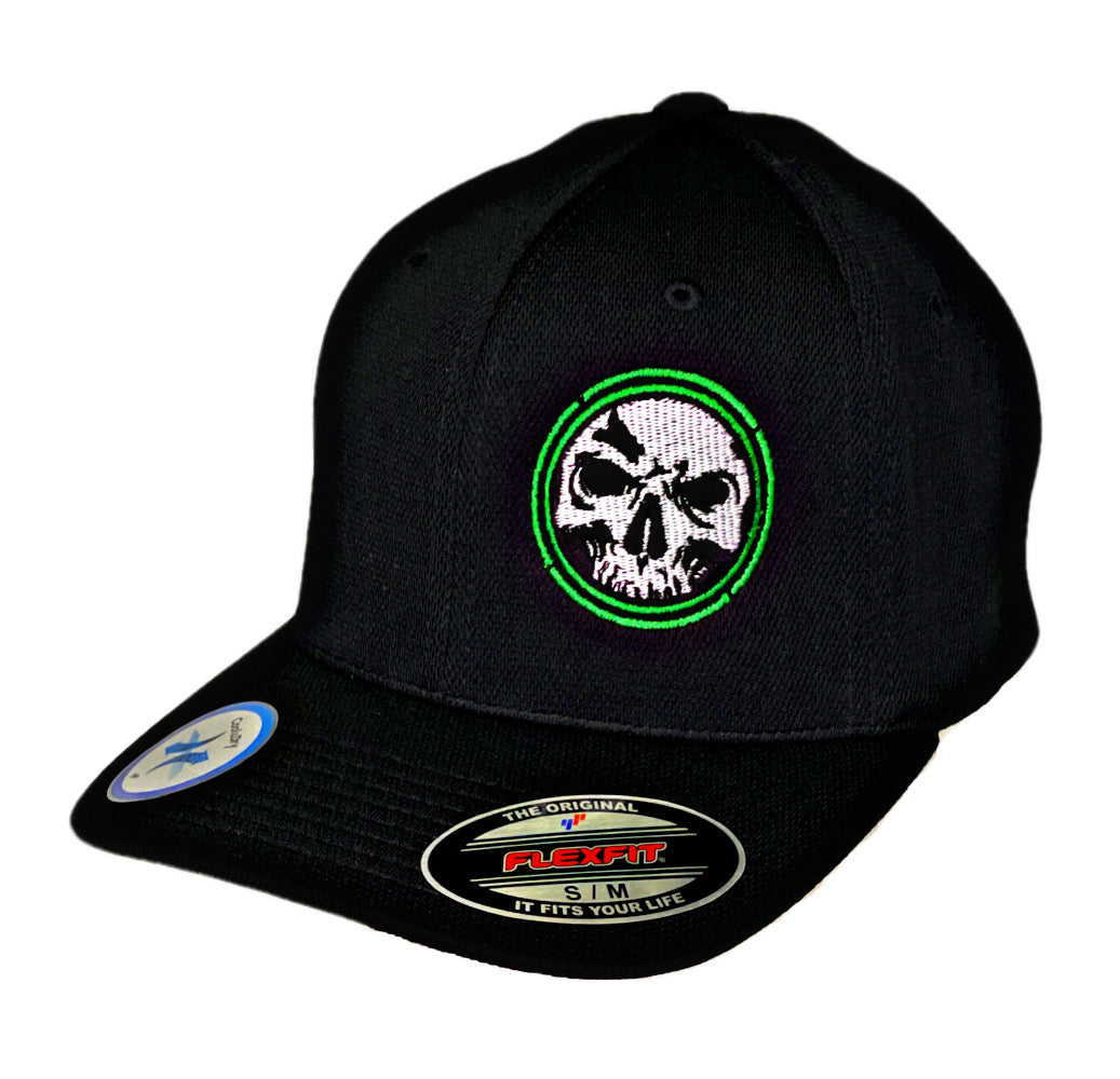NEW!  Flexfit "Never Fade" Black Hat - Circle Skull Green Ring