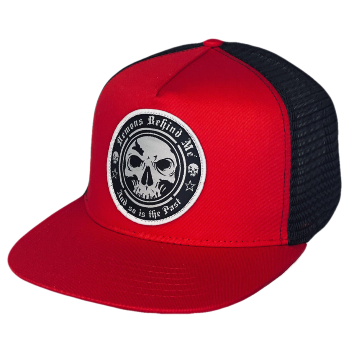 Red & Black Classic Trucker Circle Skull Patch Hat