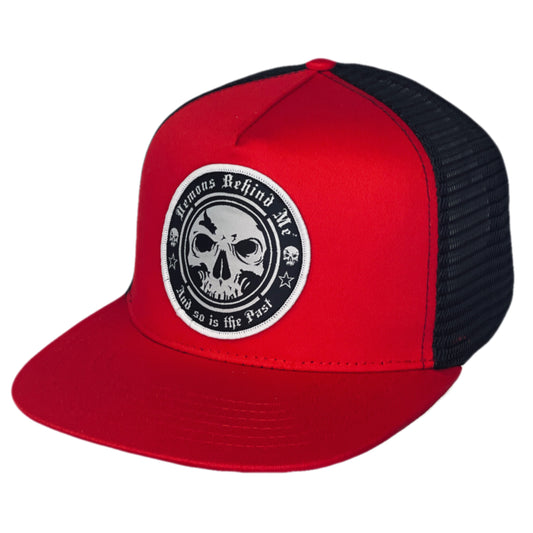 NEW! Red & Black Classic Trucker Circle Skull Patch Hat